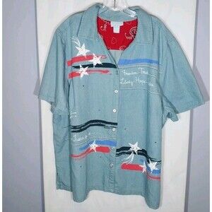 Liz & Me Button Up Shirt 3X Denim Blue Americana Stars Stripes Beaded Sequins